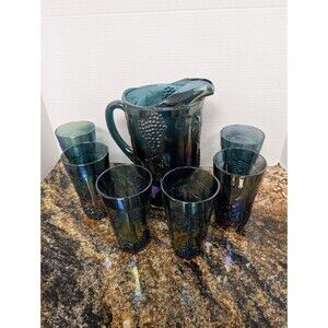 Blue Carnival Glass Harvest Grape Iridescent Pitcher & Tumblers Set 7-Piece Vtg